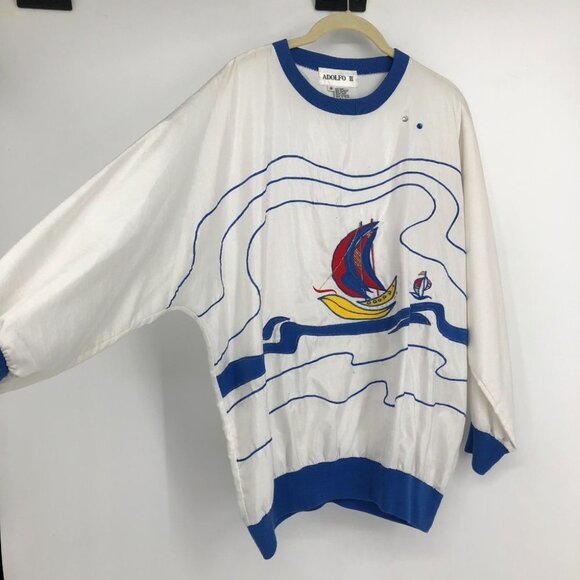 Adolfo 2 vintage white & blue nautical banana boat retro 90s longsleeve shirt S - Picture 2 of 11